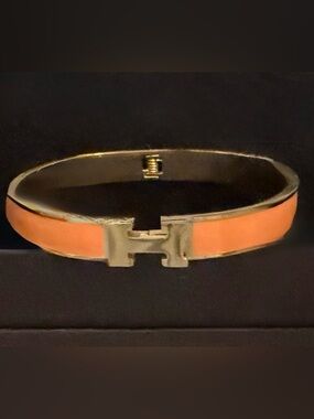 Enamel H Cuff Bracelet in Coral orange and Gold
